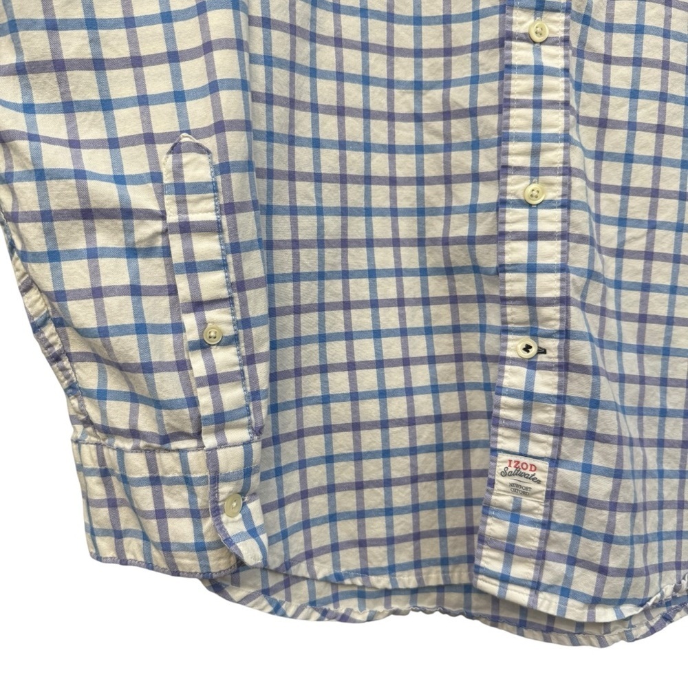 Izod Saltwater Men’s Plaid Shirt Large Blue White Cotton Long Sleeve - Picture 2 of 7